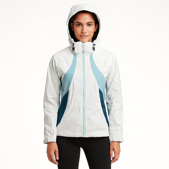 Spyder Ski Jacket Women 8 White Blue Hooded Nylon Shell Zip Winter Snow Coat - Picture 1 of 16